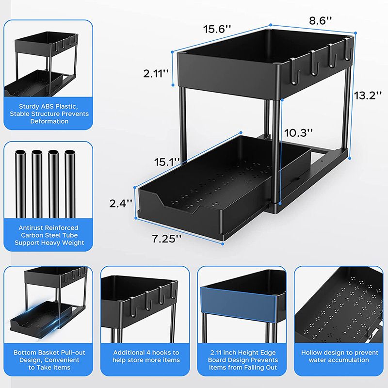 Black Under Sink Organizer with Pull-Out Drawer, 4 Hooks and Hanging Cup - 2 Tier Cabinets Storage Rack for Kitchen & Bathroom, Tool-Free Assembly, Fits Full-Size Cleaning Supplies & Toiletries, Space Saving