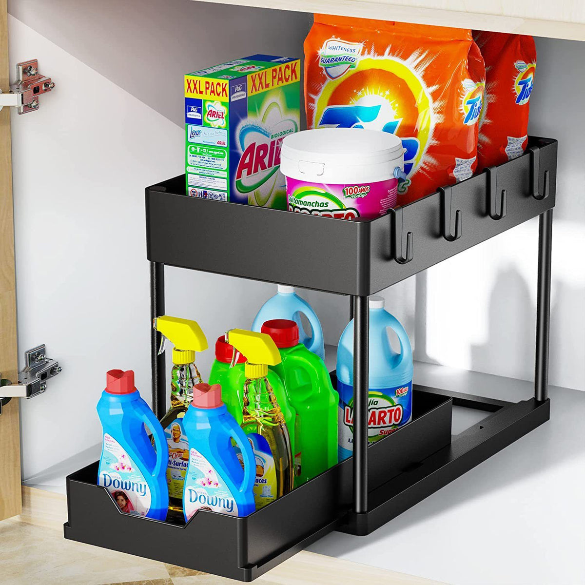White Under Sink Organizer with Pull-Out Drawer, 4 Hooks and Hanging Cup - 2 Tier Cabinets Storage Rack for Kitchen & Bathroom, Tool-Free Assembly, Fits Full-Size Cleaning Supplies & Toiletries, Space Saving