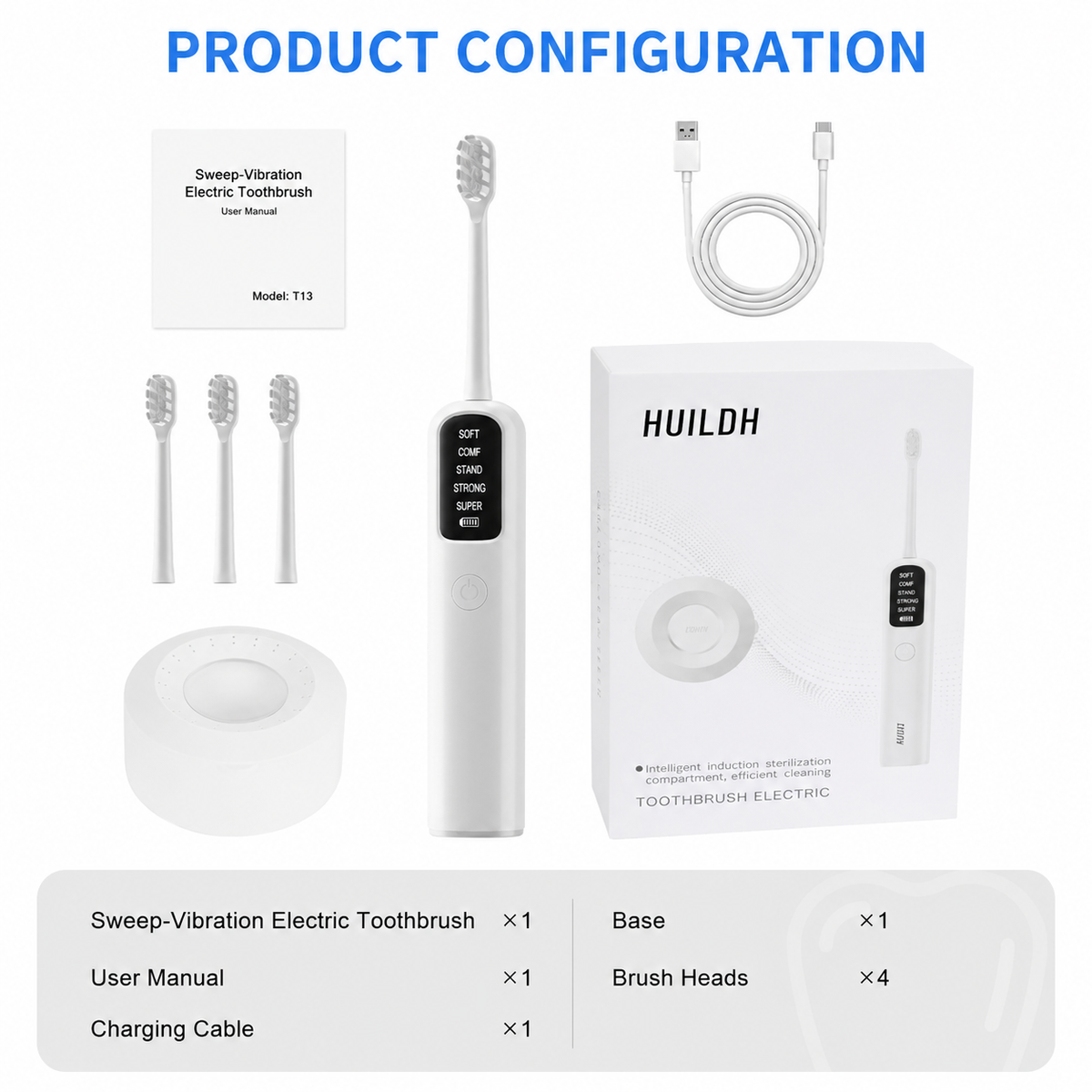 White Rechargeable Dual-Action Vibration & 45° Scientific Sweep Cleaning Electric Toothbrush with 5 Brushing Modes, 4 Brush Head and Storage Base - Smart 2 Min Timer and 30s Quad Reminder, High-Density Rounded Bristles and 3D Precision Brush Head Design