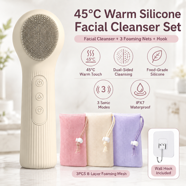 Beige 45°C Constant Heating Silicone Facial Cleansing Brush and 3pcs 8-Layer Fine Foaming Nets Set - Electric Sonic Face Scrubber with Dual-Sided Cleaning Surface & 3-Speed Vibration Massage, IPX7 Waterproof Skincare Absorption and Massage Device