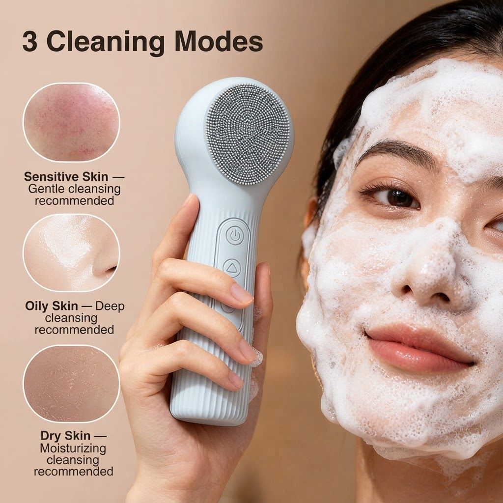 Beige 45°C Constant Heating Silicone Facial Cleansing Brush and 3pcs 8-Layer Fine Foaming Nets Set - Electric Sonic Face Scrubber with Dual-Sided Cleaning Surface & 3-Speed Vibration Massage, IPX7 Waterproof Skincare Absorption and Massage Device