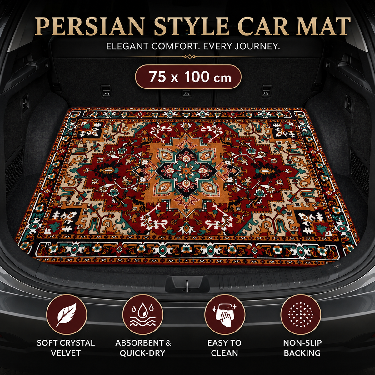 Car Boot Mat 75 x 100cm Persian Floral Style 1 Crystal Velvet Non Slip Liner