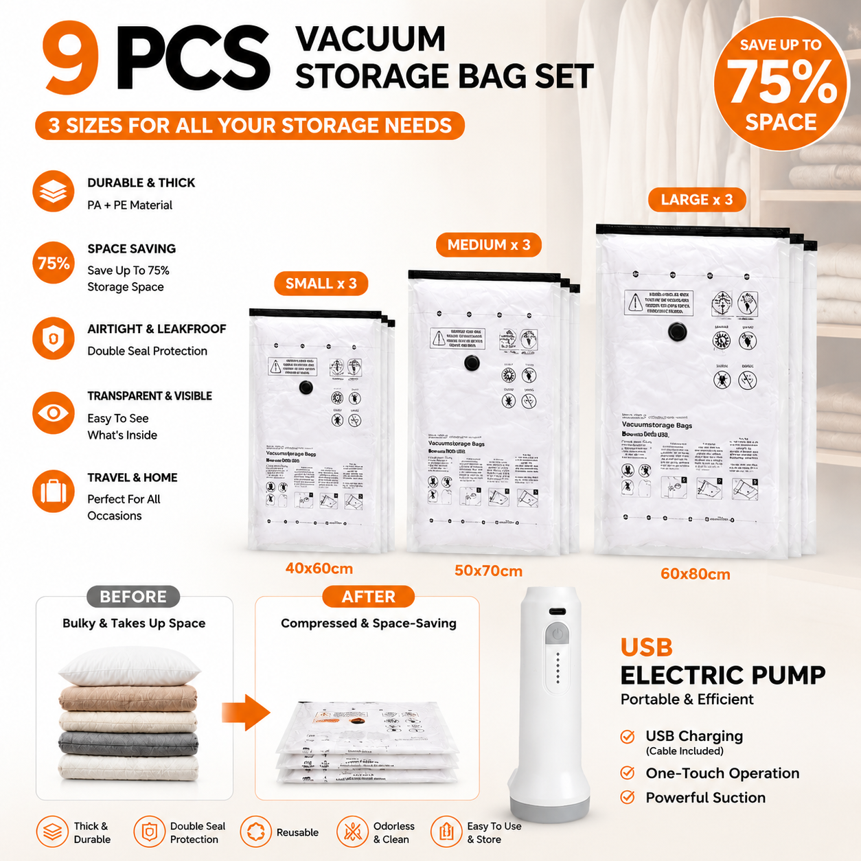 9-Piece Vacuum Storage Bags Set with USB Electric Pump – Thickened PA+PE Space Saving Compression Bags for Clothes, Blankets and Bedding, Leak Resistant Organiser for Home Storage and Travel,  3PCS of S / M / L
