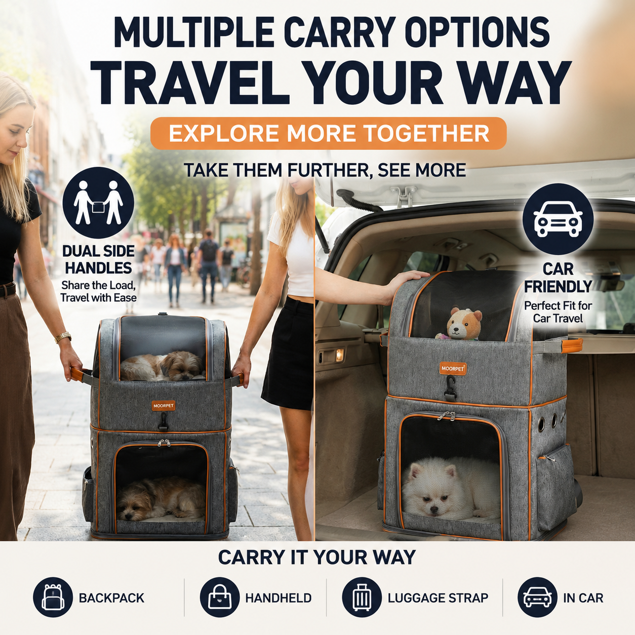 Grey Double Layer Pet Backpack and Trolley Carrier - Foldable Large Capacity Design, Breathable Mesh Window, Zipper Access, Fixing Attachment and Organised Side Storage for Travel and Vet Visits