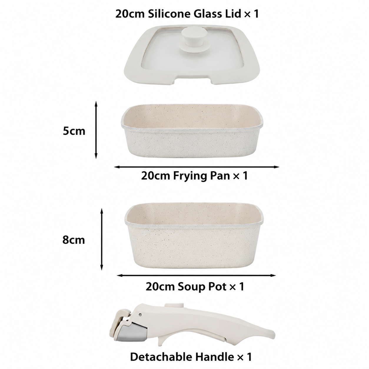 4 Piece Detachable Nonstick Aluminium Alloy Cookware Set (Dia 20CM) - Stackable Frying Pan and Saucepan with Silicone Glass Lid & Heat-Resistant Handle, Fast Heating and Easy Clean for Home and Travel