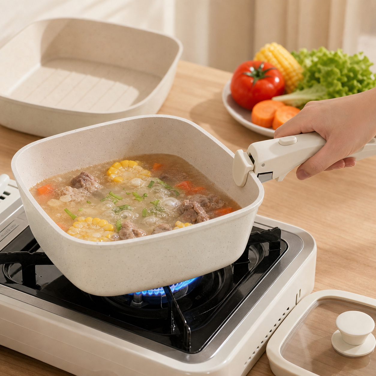 4 Piece Detachable Nonstick Aluminium Alloy Cookware Set (Dia 24CM) - Stackable Frying Pan and Saucepan with Silicone Glass Lid & Heat-Resistant Handle, Fast Heating and Easy Clean for Home and Travel