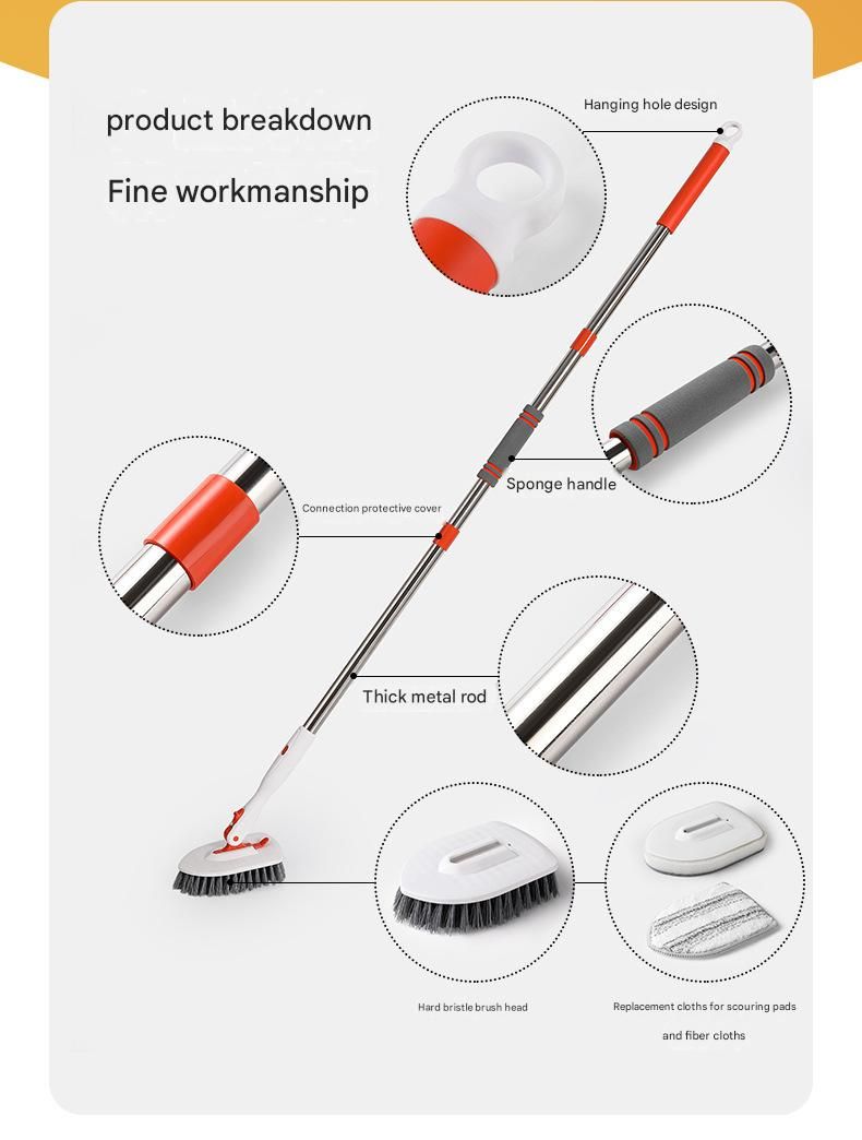 5-piece(Three-section pole+stiff brush+ base plate+fiber cloth+scouring pad) Long Handle Bathroom Floor Scrub Brush  - 180° Rotating Angle, Stainless Steel Pole, Corner Cleaning Design for Tiles, Grout, Bathtub, Shower - Heavy Duty Cleaning Tool
