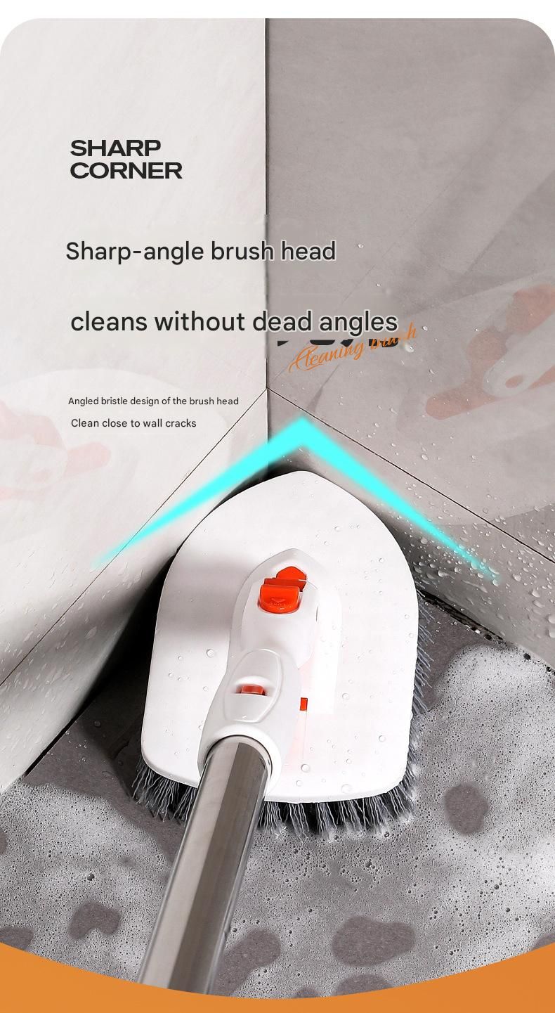 5-piece(Three-section pole+stiff brush+ base plate+fiber cloth+scouring pad) Long Handle Bathroom Floor Scrub Brush  - 180° Rotating Angle, Stainless Steel Pole, Corner Cleaning Design for Tiles, Grout, Bathtub, Shower - Heavy Duty Cleaning Tool