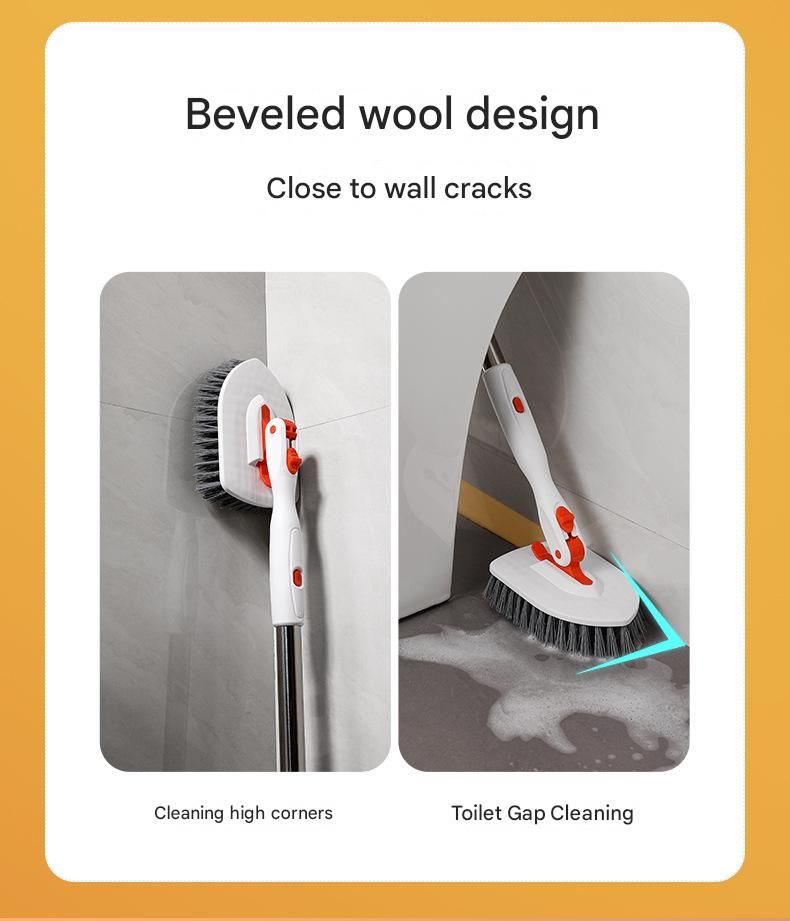5-piece(Three-section pole+stiff brush+ base plate+fiber cloth+scouring pad) Long Handle Bathroom Floor Scrub Brush  - 180° Rotating Angle, Stainless Steel Pole, Corner Cleaning Design for Tiles, Grout, Bathtub, Shower - Heavy Duty Cleaning Tool