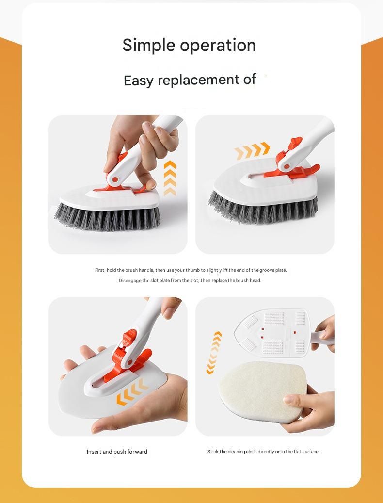 5-piece(Three-section pole+stiff brush+ base plate+fiber cloth+scouring pad) Long Handle Bathroom Floor Scrub Brush  - 180° Rotating Angle, Stainless Steel Pole, Corner Cleaning Design for Tiles, Grout, Bathtub, Shower - Heavy Duty Cleaning Tool