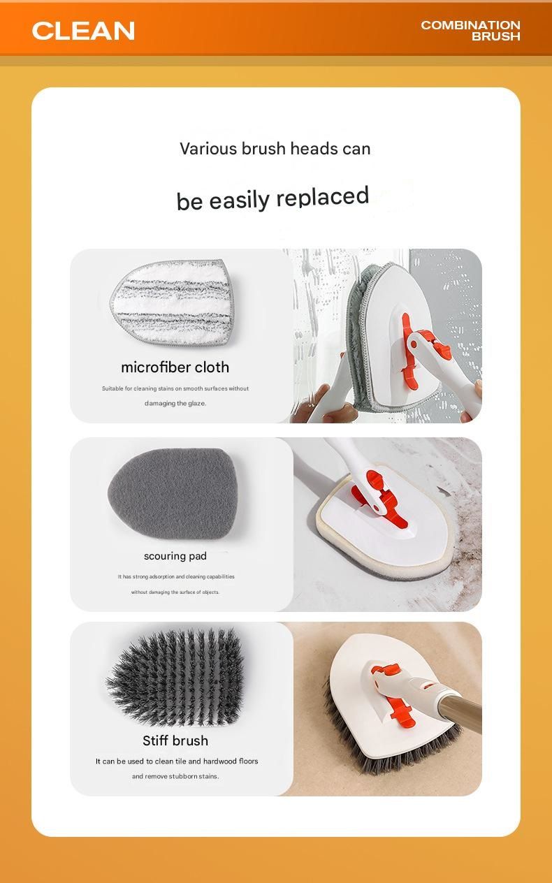 5-piece(Three-section pole+stiff brush+ base plate+fiber cloth+scouring pad) Long Handle Bathroom Floor Scrub Brush  - 180° Rotating Angle, Stainless Steel Pole, Corner Cleaning Design for Tiles, Grout, Bathtub, Shower - Heavy Duty Cleaning Tool