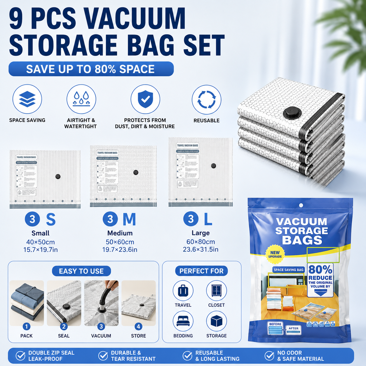9-piece Travel Vacuum Storage Bags Set for Clothes and Bedding, Space Saving Compression Bags for Suitcases, Wardrobes and Seasonal Storage, Reusable PA+PE Vacuum Seal Bags