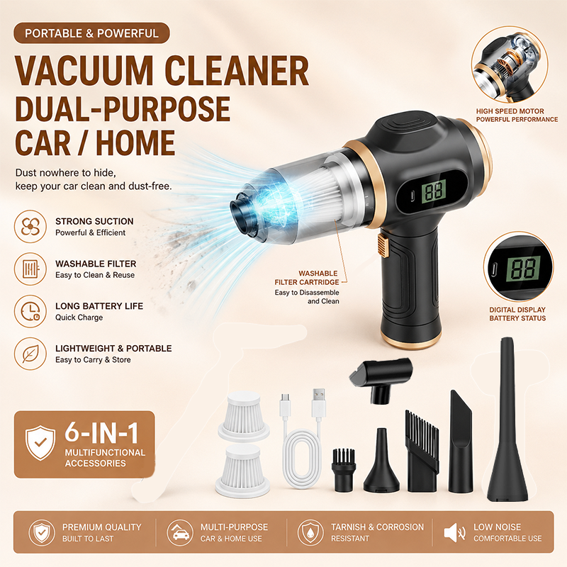 8-piece Black Handheld Cordless Vacuum Cleaner & Air Duster 2-in-1(2 x 2000mAh), Portable Car and Home Cleaning Vacuum with Digital Display