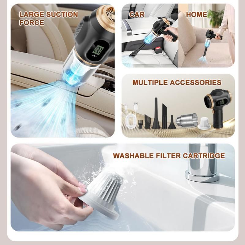8-piece  Black Handheld Cordless Vacuum Cleaner & Air Duster 2-in-1(2 x 1500mAh), Portable Car and Home Cleaning Vacuum with Digital Display