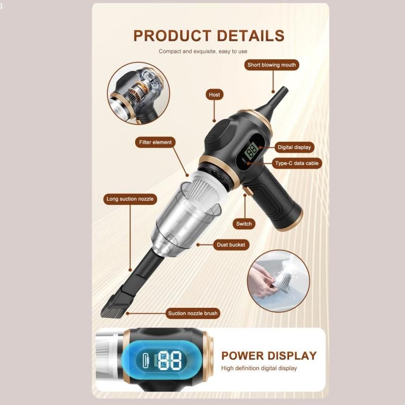8-piece  Black Handheld Cordless Vacuum Cleaner & Air Duster 2-in-1(2 x 1500mAh), Portable Car and Home Cleaning Vacuum with Digital Display