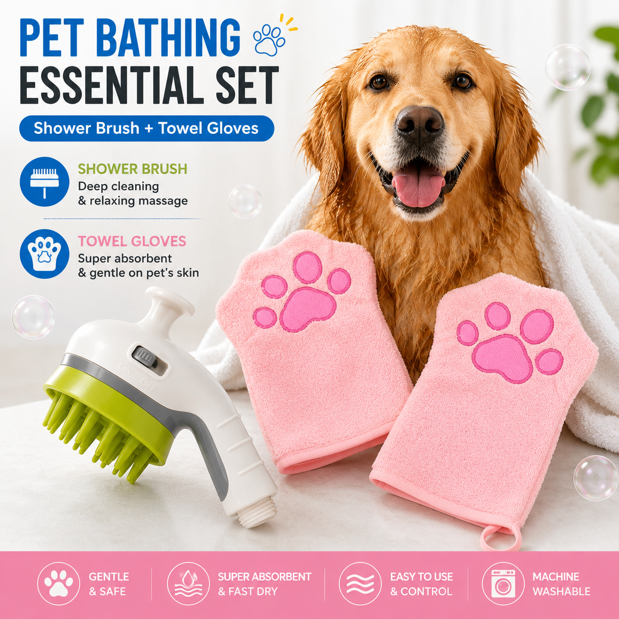 3-piece Pet Grooming Bathing Kit with 2 pack Pink Pet Drying Glove Towel and White Pet Shower Sprayer Brush Set - Coral Fleece Quick Dry Absorbent Cleaning Towel, Water Control Bath Tool for Dogs and Cats