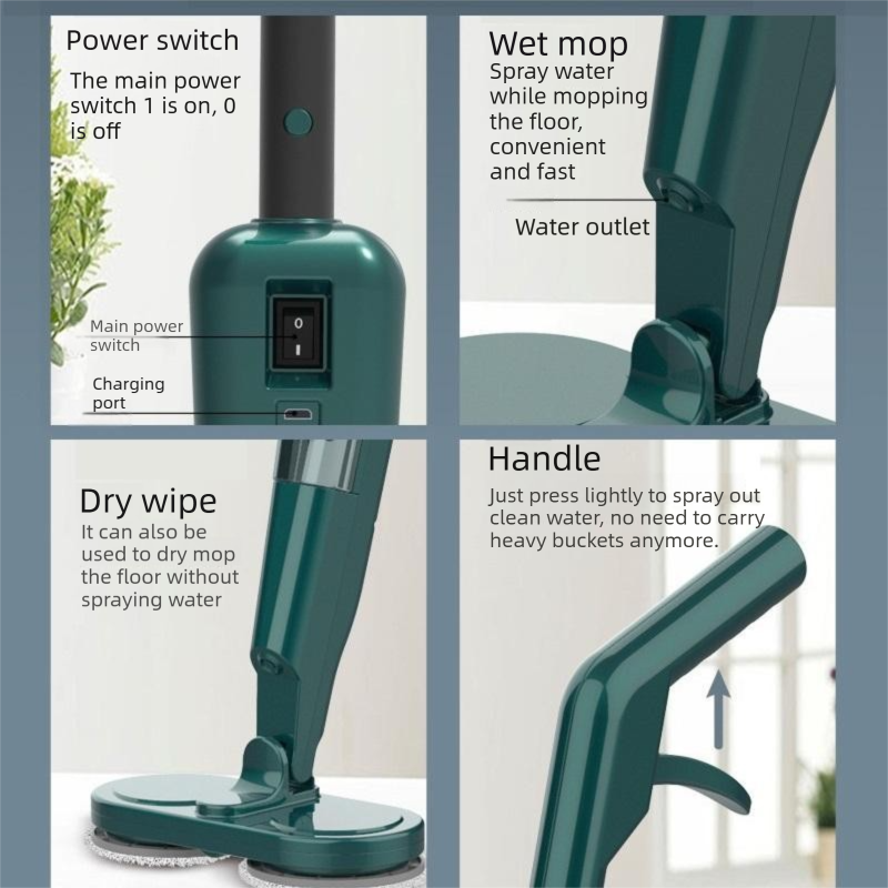 S5 Green  Cordless Electric Spin Mop with Spray Function USB Rechargeable Floor Cleaner - Dual Rotating Mop Heads, Wet and Dry Cleaning, Lightweight Home Cleaning Solution for Hard Floors