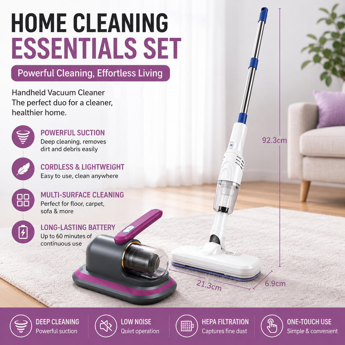 2-piece Home Cleaning  Bundle - Purple UV Mattress Mite Vacuum Cleaner & White Cordless Handheld Stick Vacuum Set, Wireless Rechargeable Home Car Pet Hair Cleaning Kit