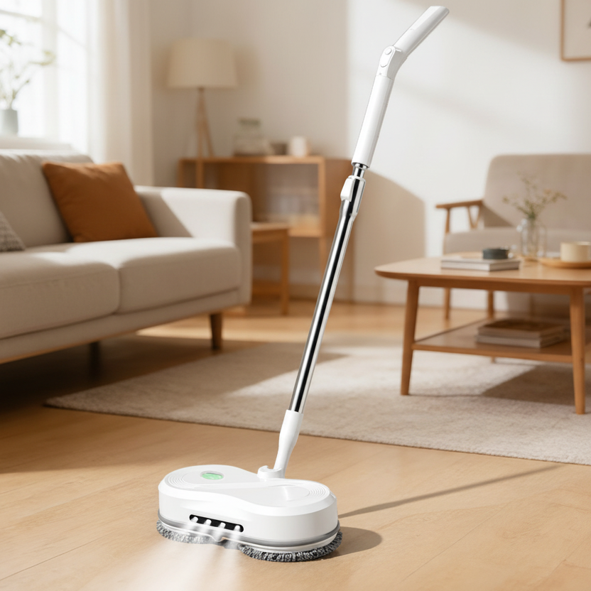 A white and black floor steam cleaner with a long handle stands on a light wood floor in a bright, modern living room with a beige sofa, wooden coffee table, and neutral rug.