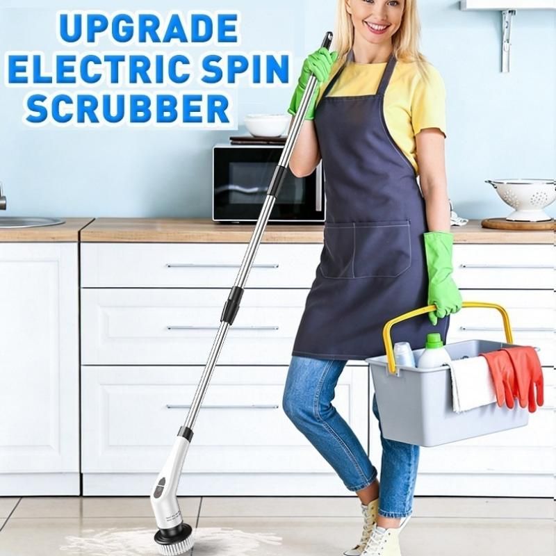 White 9 piece replaceable cleaning brush heads Electric Spin Scrubber with Extendable Handle - Cordless Rechargeable Cleaning Brush for Kitchen, Bathroom and Floors - IPX6 Waterproof, 2-Speed Motor, Long Battery Life