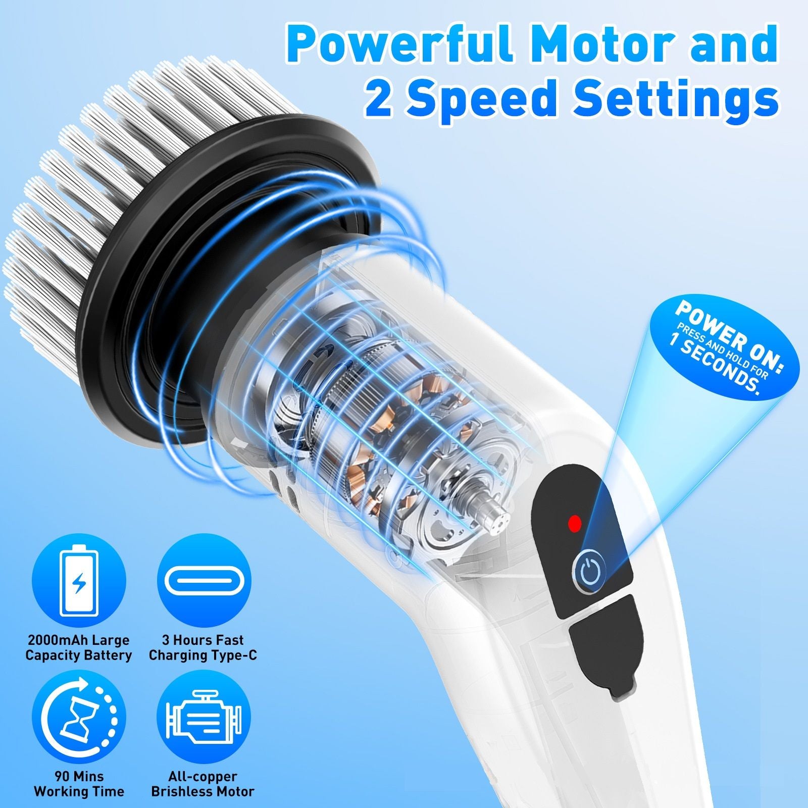 White 9 piece replaceable cleaning brush heads Electric Spin Scrubber with Extendable Handle - Cordless Rechargeable Cleaning Brush for Kitchen, Bathroom and Floors - IPX6 Waterproof, 2-Speed Motor, Long Battery Life