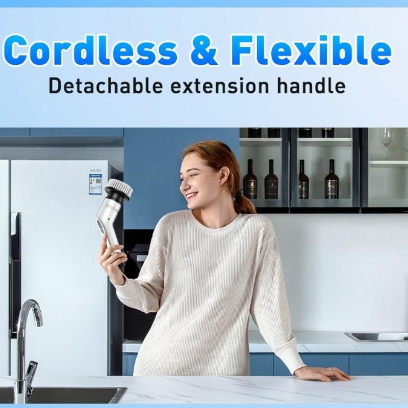 White 9 piece replaceable cleaning brush heads Electric Spin Scrubber with Extendable Handle - Cordless Rechargeable Cleaning Brush for Kitchen, Bathroom and Floors - IPX6 Waterproof, 2-Speed Motor, Long Battery Life