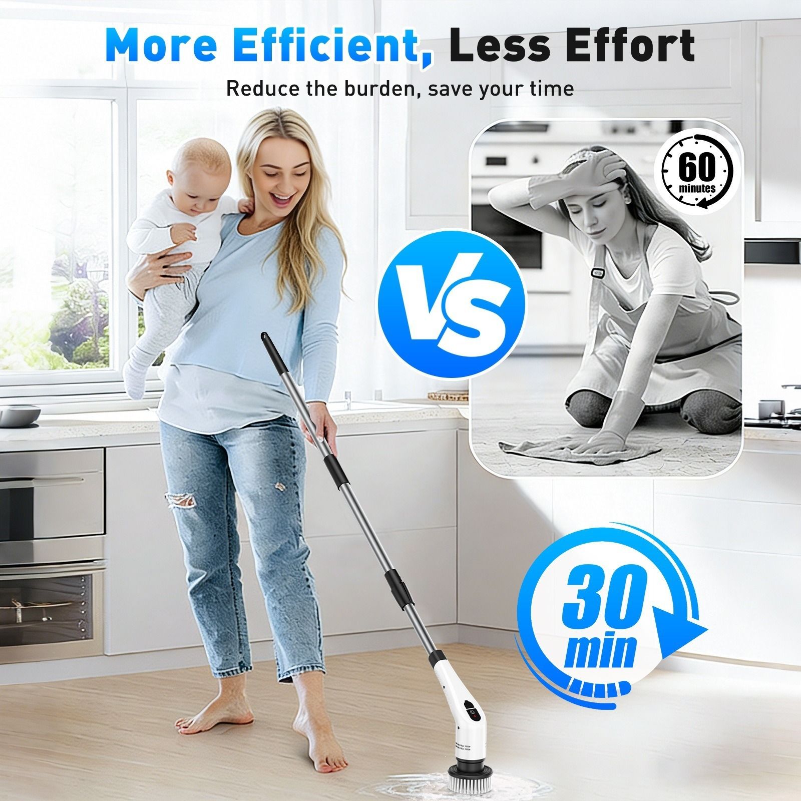 Black 9 piece replaceable cleaning brush heads Electric Spin Scrubber with Extendable Handle - Cordless Rechargeable Cleaning Brush for Kitchen, Bathroom and Floors - IPX6 Waterproof, 2-Speed Motor, Long Battery Life