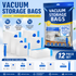 12-piece Vacuum Storage Bags Set(4 medium, 4 large, 3 extra large, 1 hand pump)- Heavy Duty Space Saving Compression Bags for Clothes Quilts Bedding Moisture Proof Wardrobe Organisation Travel Storage Reusable Durable Seal