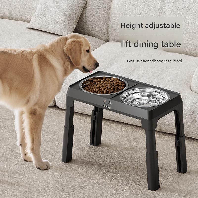 Black Adjustable Elevated Dog Bowl Stand with Stainless Steel Double Bowls, Foldable Raised Pet Feeding Station for Medium & Large Dogs, Anti-Slip Height Adjustable Food and Water Feeder