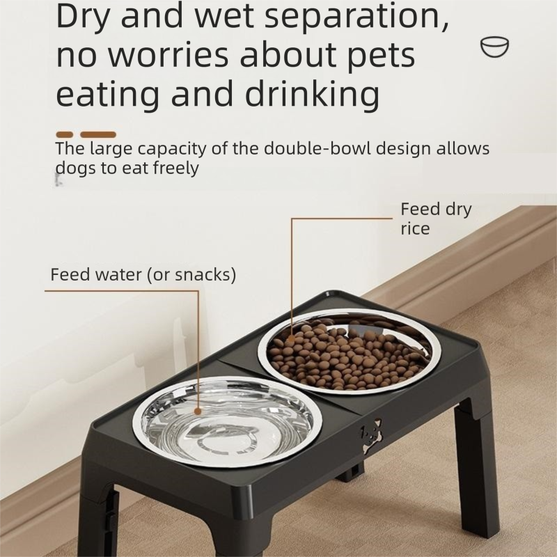 Black Adjustable Elevated Dog Bowl Stand with Stainless Steel Double Bowls, Foldable Raised Pet Feeding Station for Medium & Large Dogs, Anti-Slip Height Adjustable Food and Water Feeder