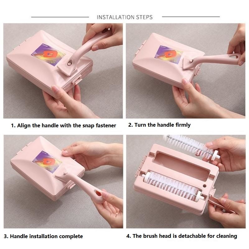 Pink Double Roller Cleaning Brush - PP Material, Sealed Dustpan Design with Detachable Rollers - Lightweight Carpet Sofa Bed Sweeper for Pet Hair and Crumbs
