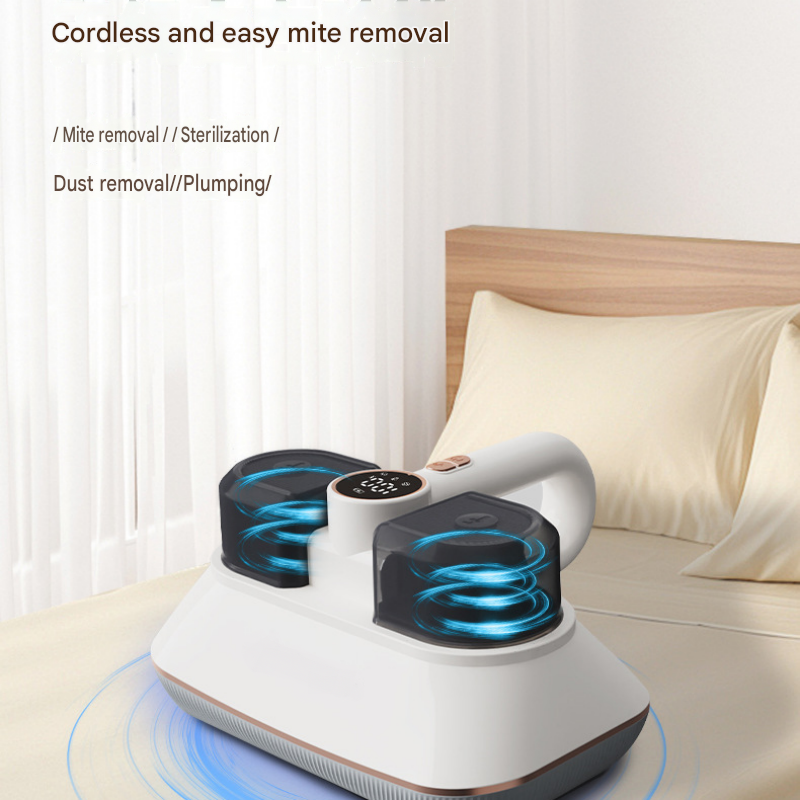 White Wireless Handheld Mite Remover Vacuum - Dual Cup Strong Suction UV Sterilization High Frequency Tapping Portable Bed Sofa Cleaner for Home
