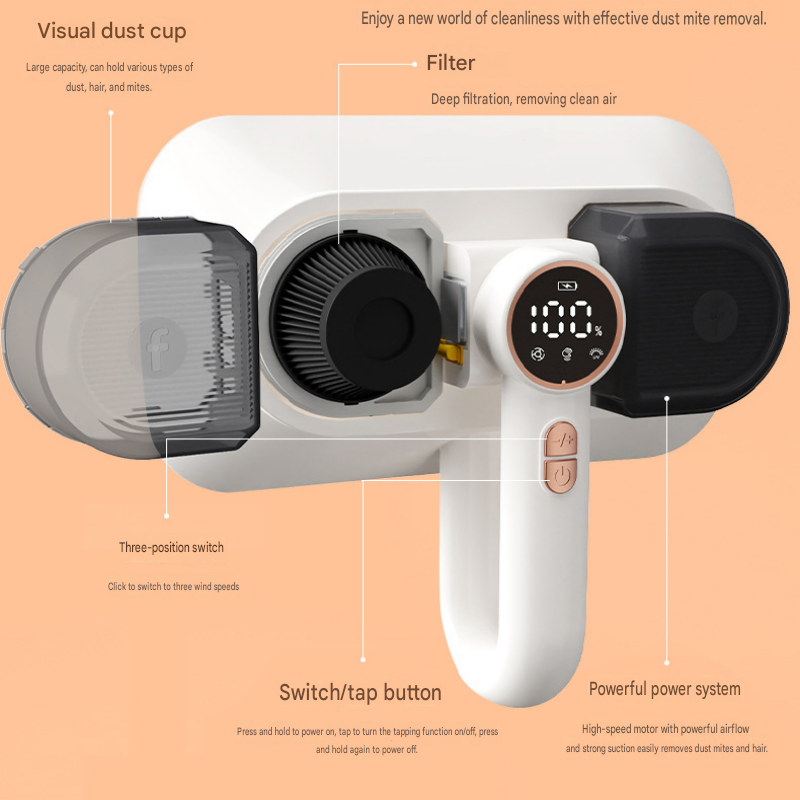 White Wireless Handheld Mite Remover Vacuum - Dual Cup Strong Suction UV Sterilization High Frequency Tapping Portable Bed Sofa Cleaner for Home