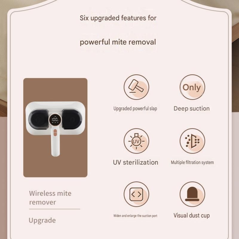 White Wireless Handheld Mite Remover Vacuum - Dual Cup Strong Suction UV Sterilization High Frequency Tapping Portable Bed Sofa Cleaner for Home