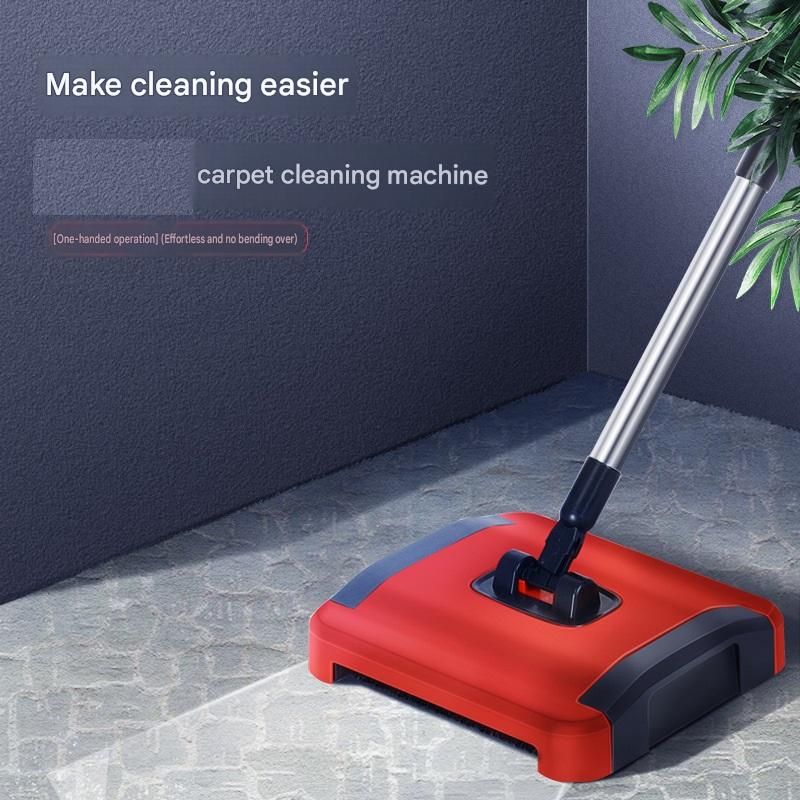 Red Manual Carpet Sweeper with Triple Roller Brushes - Non-Electric Push Broom for Pet Hair, Lightweight Floor Cleaner with Detachable Handle and Large Dustbin