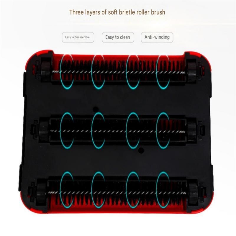 Red Manual Carpet Sweeper with Triple Roller Brushes - Non-Electric Push Broom for Pet Hair, Lightweight Floor Cleaner with Detachable Handle and Large Dustbin