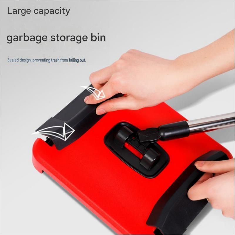 Red Manual Carpet Sweeper with Triple Roller Brushes - Non-Electric Push Broom for Pet Hair, Lightweight Floor Cleaner with Detachable Handle and Large Dustbin