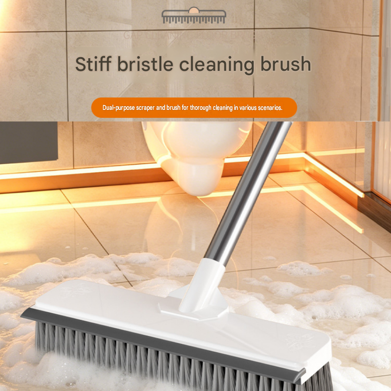White Long Handle Floor Scrubber Brush - Stainless Steel and PP with Silicone Squeegee, 125cm Length, for Bathroom Tile Grout and Carpet Cleaning