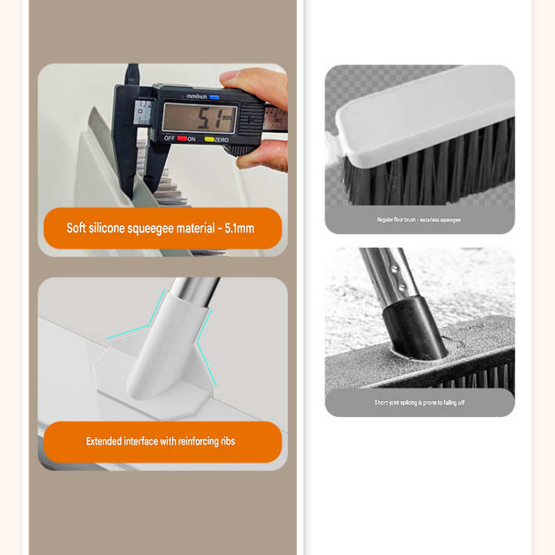 White Long Handle Floor Scrubber Brush - Stainless Steel and PP with Silicone Squeegee, 125cm Length, for Bathroom Tile Grout and Carpet Cleaning