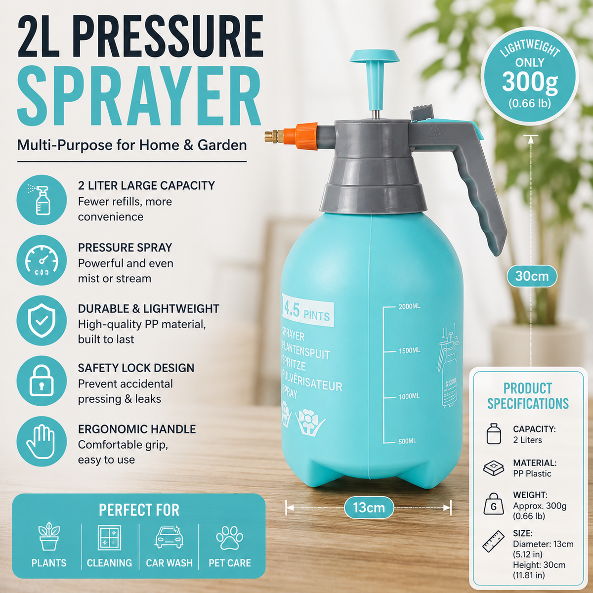 2L Pressure Sprayer Blue Hand Pump Garden Spray Bottle Adjustable Brass Nozzle