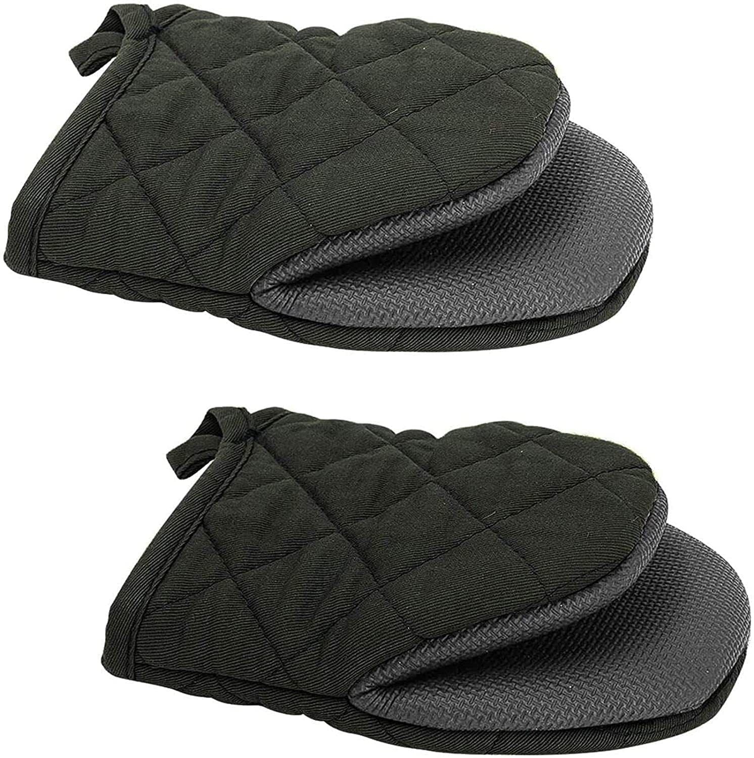 Black Heat Resistant Oven Mitts Set 1 Pair and 4 Pot Holders Quilted Cotton Kitchen Heat Protection Gloves and Pads Silver Coated Non Slip Baking Cooking Kitchen Accessories