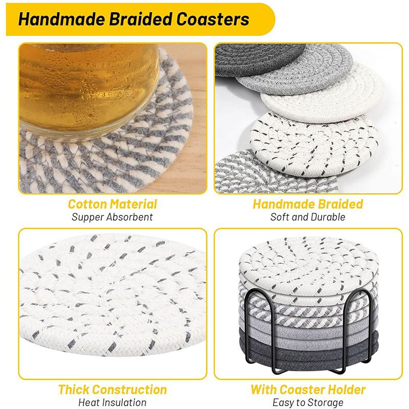 Black 8 Piece Handmade Braided Cotton Coasters Set with Holder 4.3 Inch Round Absorbent Drink Coasters Heat Resistant Table Protection Cup Mats for Home Kitchen