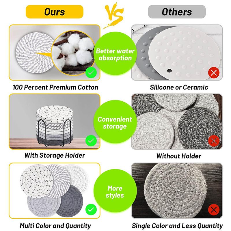 Green series 8 Piece Handmade Braided Cotton Coasters Set with Holder 4.3 Inch Round Absorbent Drink Coasters Heat Resistant Table Protection Cup Mats for Home Kitchen