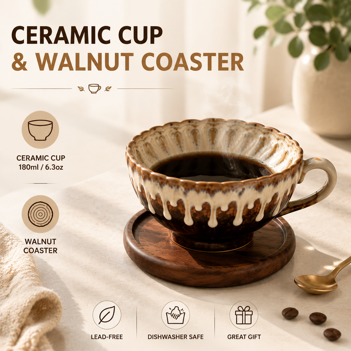 Brown and white Handmade Ceramic Coffee Cup Set with Walnut Coaster – Kiln-Glazed Espresso Mug 180ml, Premium Coffee & Tea Cup Gift Set