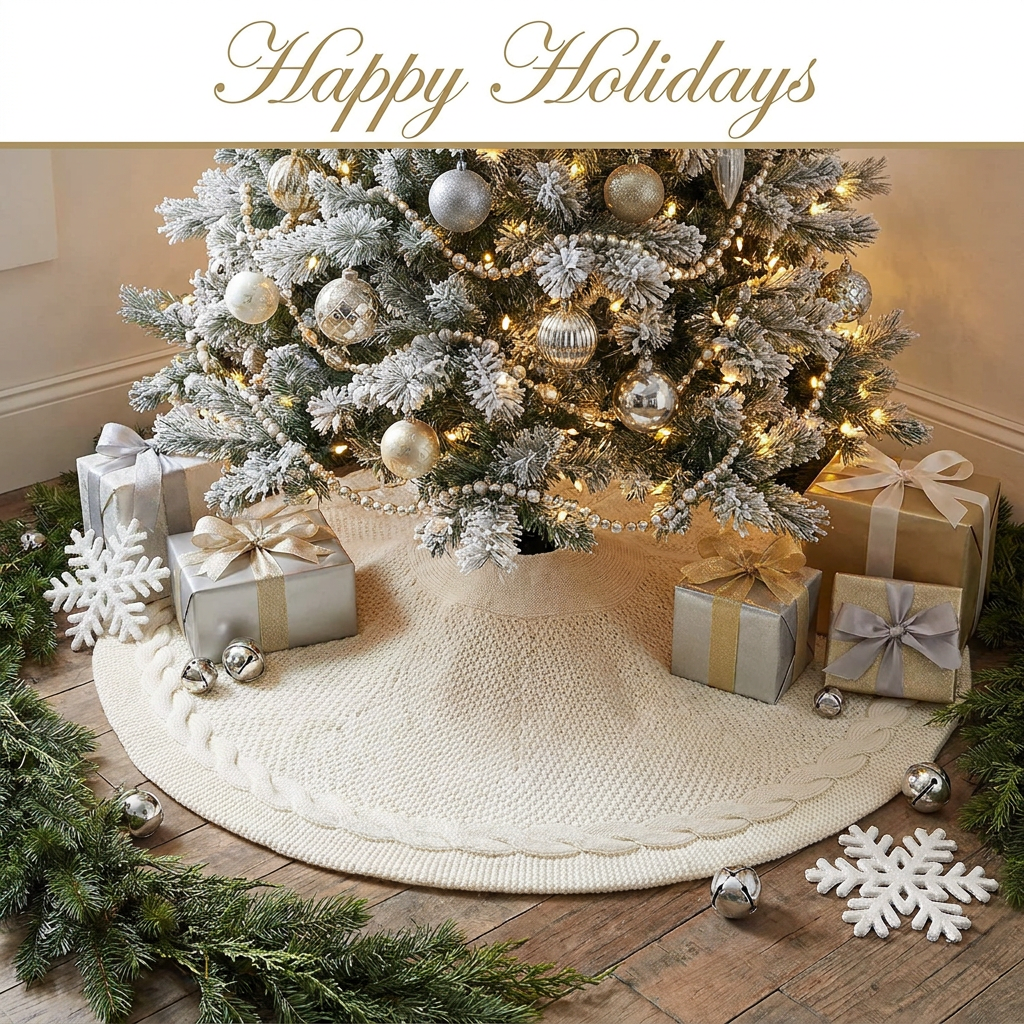 White Knitted Christmas Tree Skirt 24 Inch 62cm Round Cable Knit Tree Base Cover