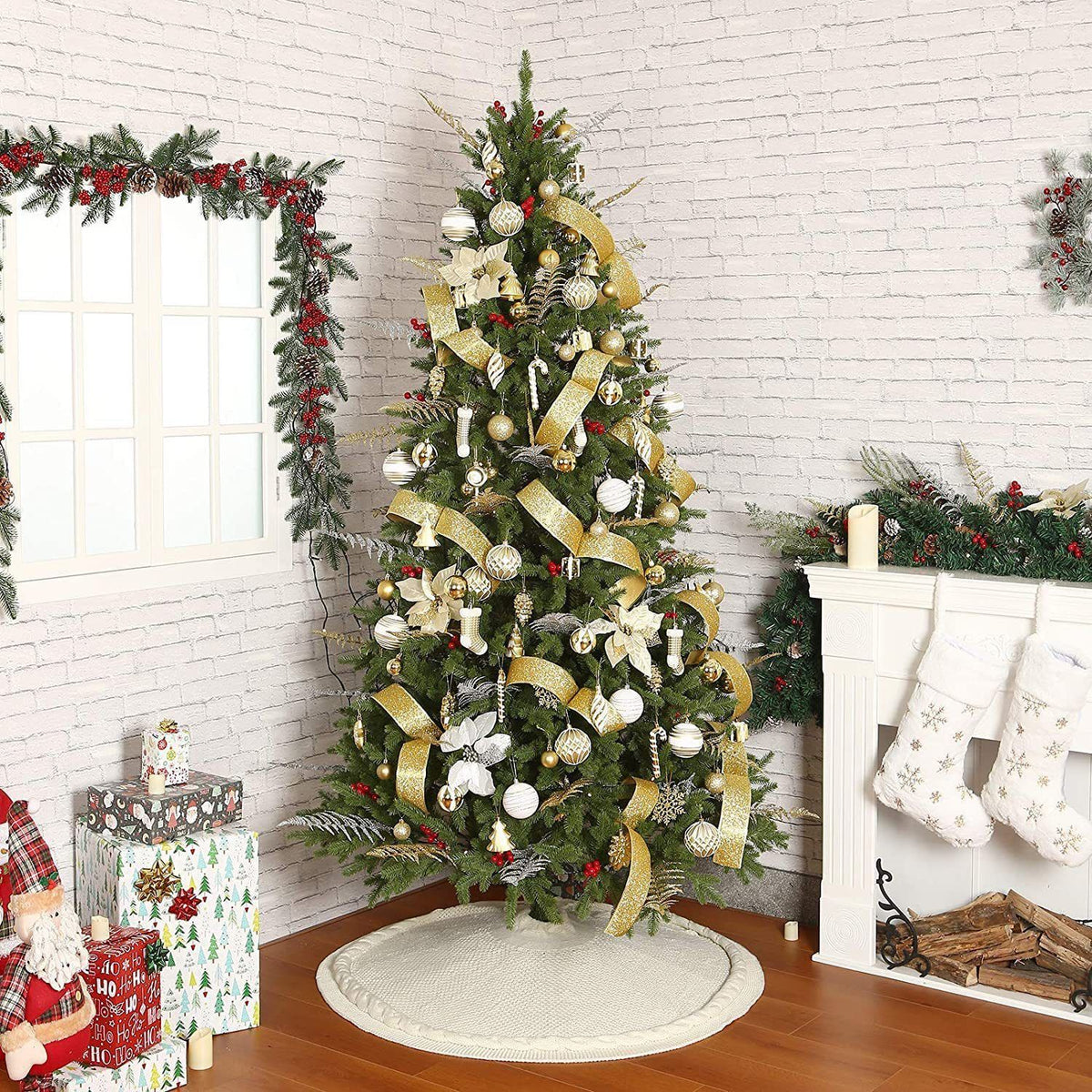 White Knitted Christmas Tree Skirt 24 Inch 62cm Round Cable Knit Tree Base Cover
