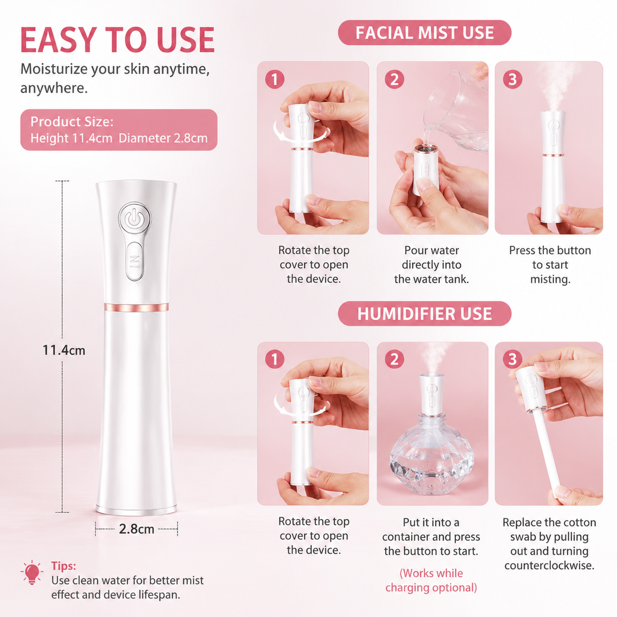 Red 2 in 1 Portable Facial Mist Humidifier Nano Mist Sprayer Hydration Device USB Rechargeable Skin Moisturising Sprayer for Home Office Travel Beauty Skincare