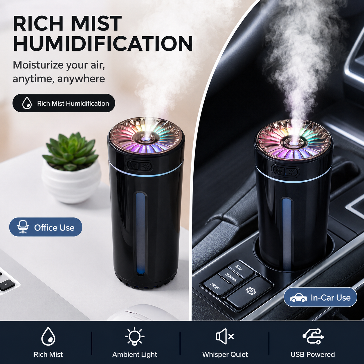 Black Car Aroma Diffuser Humidifier with Storage Box, USB Powered Car Air Freshener Mist Maker, Portable Vehicle Humidifier with Organizer Holder, Essential Oil Diffuser for Auto Interior Decoration
