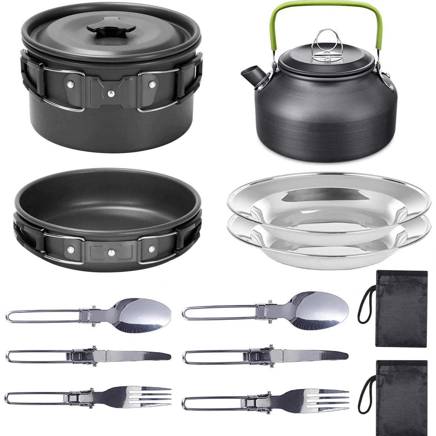 11PCS Black Camping Cookware Set – Lightweight Aluminium Camping Pots, Frying Pan, Kettle & Stainless Steel Cutlery, Portable Non-Stick Outdoor Cooking Set for 2-3 Person Camping, Hiking, Backpacking & Picnic
