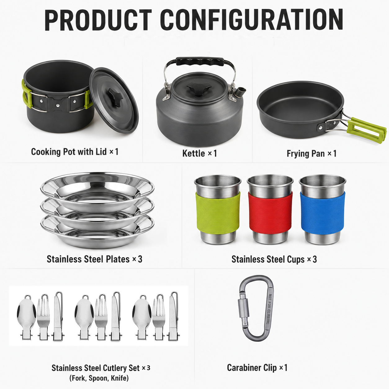 Green Camping Cookware Set for 2–3 People – Portable Outdoor Cooking Pot, Frying Pan & 1.1L Kettle Kit with Stainless Steel Plates, Cups & Cutlery, Lightweight Non-Stick Camping Cook Set for Hiking, Picnic, Backpacking & RV Travel